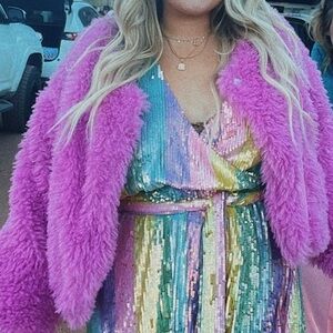 Free People Lena Teddy XS Pink Rose Faux Fur Shaggy Slouchy Coat Jacket